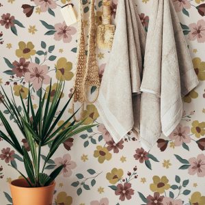 Mauve Pink Mustard Floral Wallpaper, Peel and Stick Removable, Unpasted Prepasted Traditional Option, Boho Floral