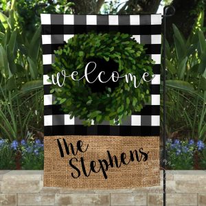 Front Yard Flag/Personalized Boxwood Wreath Burlap Gingham Garden Flag Decoration/Burlap Look Welcome Flag/Custom Porch
