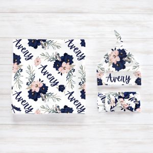 Floral Boho Swaddle Blanket Headband Hat Set / Personalized Baby Shower Gift / Hospital Newborn Photos Prop / Marina Collection