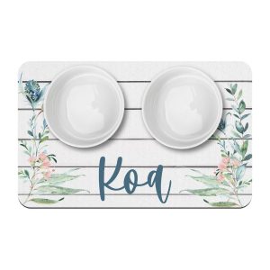 Farmhouse Shiplap Wildflower Personalized Dog Bowl Mat, Custom Pet Placemat, New Puppy Supplies, Farmhouse Style Blue Pink Wildflowers