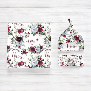 Winter Floral Swaddle Blanket Headband Hat, Personalized Baby Girl, Red Flowers and Berries, Name Gift, Hospital Newborn Photos Prop, Haven