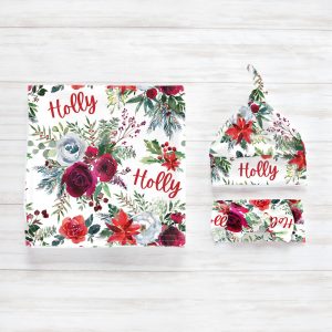 Christmas Floral Swaddle Blanket Headband Hat Set / Personalized Baby Gift / Hospital Newborn Photos Prop / Holly Collection