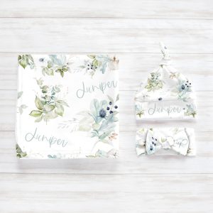 Soft Blue Green Foliage Swaddle Blanket Headband Hat Set / Personalized Baby Shower Gift / Hospital Newborn Photos Prop / Juniper Collection