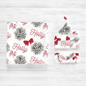 Christmas Swaddle Blanket Set / Baby Headwraps / New Mom Gift / Receiving Blanket / Red Ribbon Pine Tree Gingham Newborn Girl / Joy