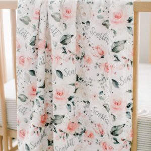 Monogrammed Personalized Baby Girl Blanket Baby Shower Gift Customized Pink Floral Rose Coming Home Outfit Introducing Name Reveal Custom