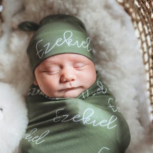 Sage Green Swaddle, Newborn Beanie Knot Hat, Baby Shower Gift, Gown, New Mom Expecting, Christmas Present Custom Personalized Name Monogram