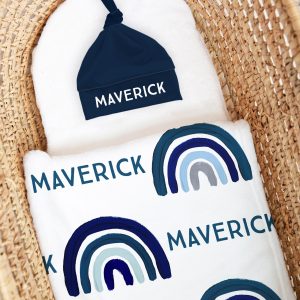 Boy Navy Rainbow Blanket with Knot Hat / NEWBORN Rainbow Baby / Boy Rainbow / Personalized Baby Name Blanket / Rainbow Collection