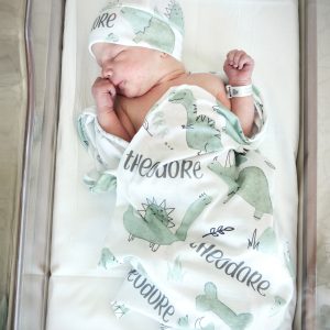 Dinosaur Personalized Swaddle Blanket Set, Newborn Baby Knotted Hat Set, Baby Shower Gift New Mom Hospital Photos, Coming Home Outfit Green