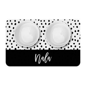 Black Dots Personalized Dog Bowl Mat, Custom Pet Placemat, New Puppy Supplies, Black and White