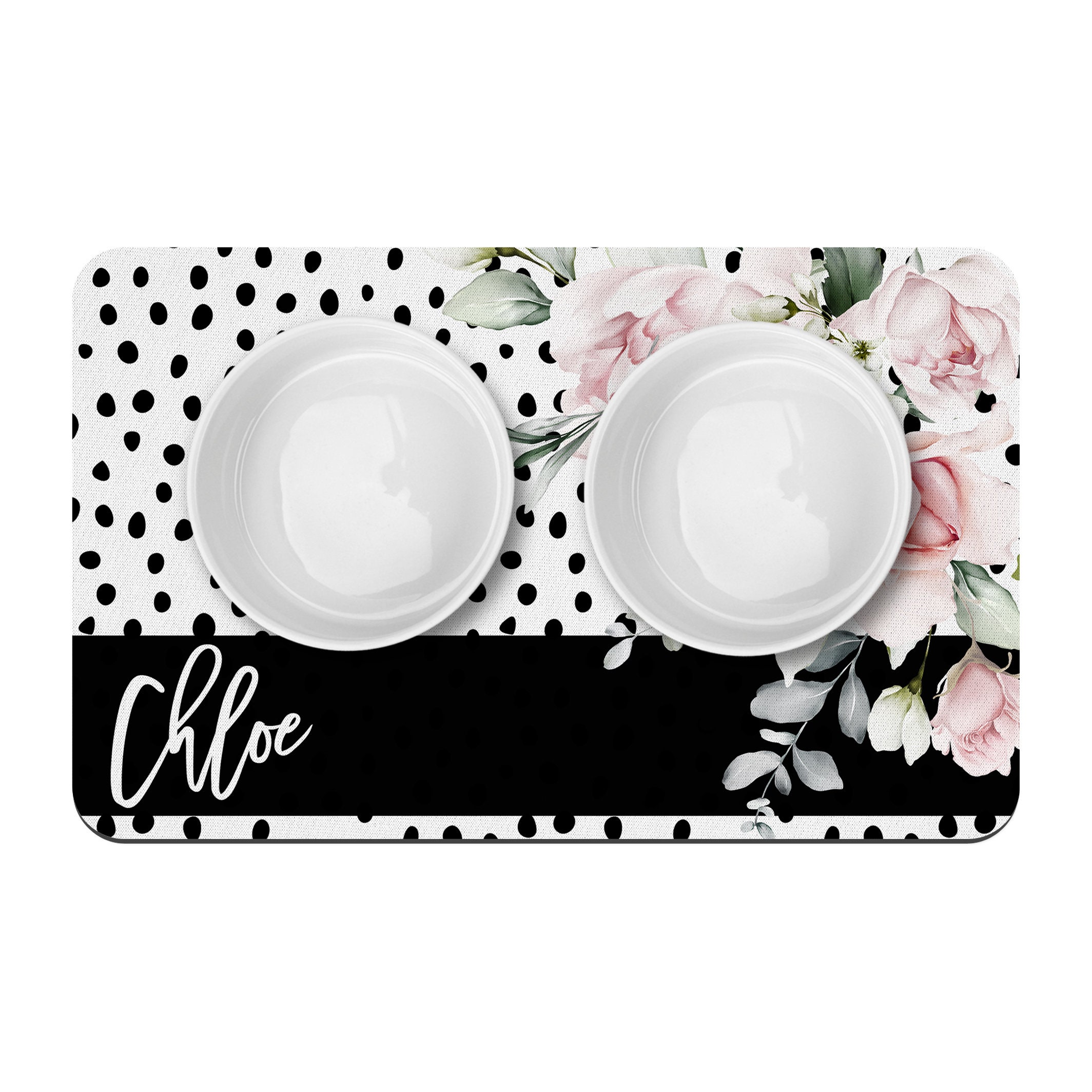 Pink Roses Black Dots Personalized Dog Bowl Mat, Custom Pet Placemat, New Puppy Supplies, Pink Flowers Black Dots - Image 2
