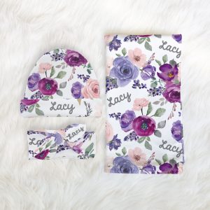 Floral Purple Pink Rose Swaddle Blanket Headband Hat Set / Personalized Baby Shower Gift / Hospital Newborn Photos Prop / Purple Pink