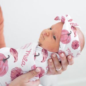 Pink Gender Reveal Pumpkin Fall Halloween Thanksgiving Swaddle Blanket Headband Hat Set / Personalized Hospital Newborn / October Due Date