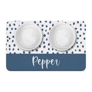 Pacific Blue Dots Custom Pet Food and Water Mat, Personalized Pet Placemat, Kitten Puppy Supplies, Pacific Blue and White