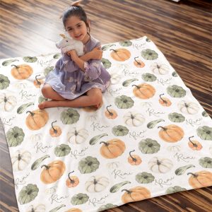 Pumpkin Blanket Personalized, Fall Halloween Thanksgiving Autumn Swaddle Set, Headband Hat Plus Minky Custom Baby Shower Gift Toddler Size