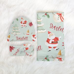 Christmas Swaddle Blanket, Headband, Hat, Vintage Classic Santa Snowman Tree, Newborn Baby Girl Boy, Hospital Photos, December Due Date