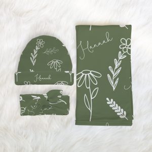 Sage Green Doodle Flower Swaddle Blanket Headband Hat / Personalized Name Swaddle / Hand Drawn Flowers / Nursery Bedding / Hannah Collection