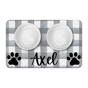 Paw Prints and Grey Gingham Personalized Pet Mat / Pet Name / Cat Dog Bowl Mat / Pet Supplies / Farmhouse Style Watercolor Gingham