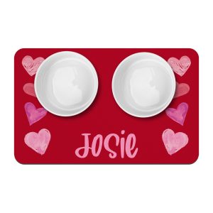 Red with Pink Hearts Personalized Pet Mat / Custom Dog Bowl Placemat / New Puppy Supplies / Cat Dog Water Bowl Mat / Floormat / Pink Hearts