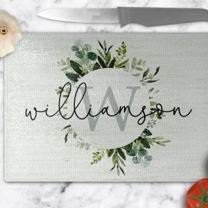 Personalized Farmhouse Greenery Design Glass Cutting Board / Kitchen Decor/Wedding New Home Birthday Christmas Gift/Home Kitchen Collection
