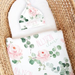 Two Names Pink Rose Eucalyptus Personalized Blanket / Two Fonts & Colors / Baby Shower Gift / Newborn Photo Prop / Allyson Claire Collection