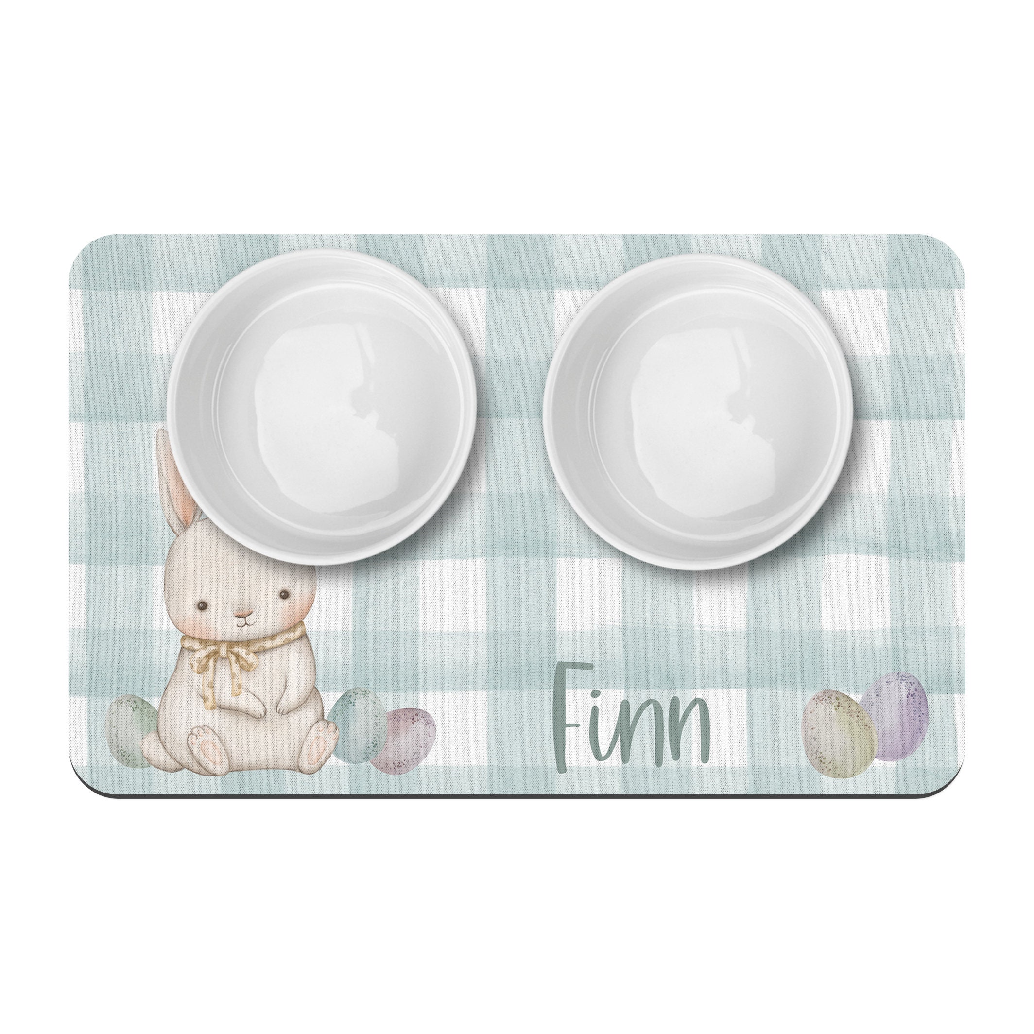 Easter Bunny and Eggs Pet Food Placemat / Pastel Colors / Personalized Pet Mat / Pet Supplies / Water Bowl Mat / Watercolor Gingham / Easter - Image 2