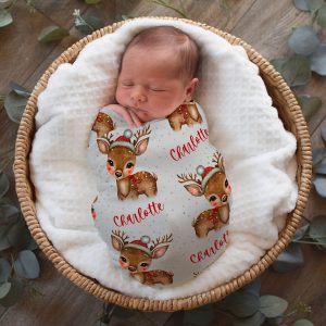 Personalized Baby Girl Christmas Swaddle Blanket Headband Hat, Reindeer with Santa Hat, Name Gift Keepsake, Hospital Newborn Photos Prop