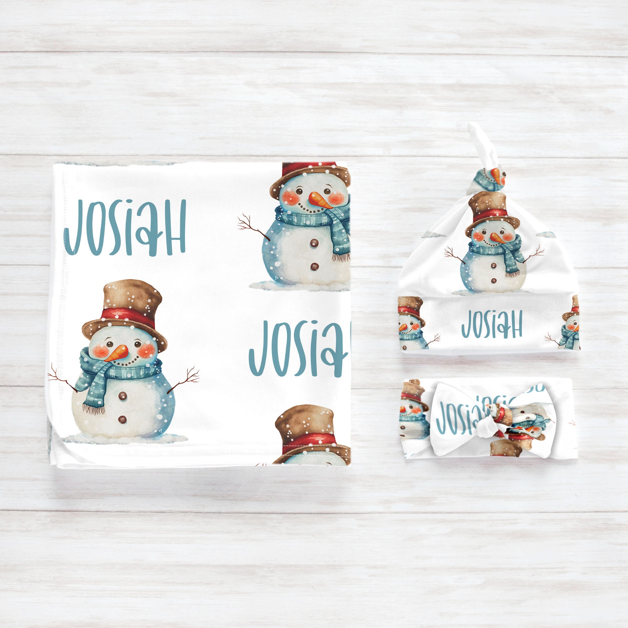 Personalized Baby Boy or Girl Christmas Swaddle Blanket Headband Hat, Snowman with Scarf & Hat, Name Gift Keepsake, Hospital Newborn Photos - Image 2