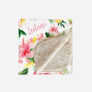 Personalized Girl Blanket, Tropical Pink Hibiscus Flowers, Minky or Sherpa, Birthday Christmas Gift, Toddler, Throw or Twin Size, Leilani