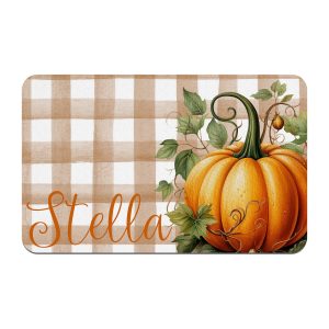 Brown Gingham Pumpkin Personalized Pet Placemat, Autumn, Thanksgiving, Custom Dog Bowl Mat, New Puppy Supplies, Fall Home Decor