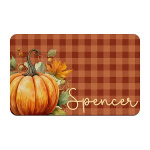 Personalized Pumpkin Pet Placemat, Orange Plaid, Autumn, Thanksgiving, Custom Dog Bowl Mat, New Puppy Supplies, Fall Home Decor