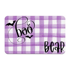 Personalized Halloween Pet Placemat, Purple Watercolor Gingham with Bats and Boo, Custom Dog Bowl Mat, New Puppy Supplies, Fall Home Decor