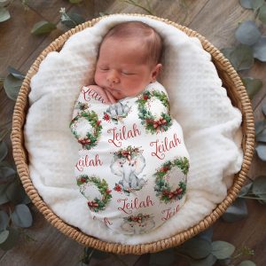 Personalized Christmas Wreath and Elephant Swaddle, Headband, Hat, December Due Date Baby Girl, Holiday Blanket, Newborn Infant Shower Gift