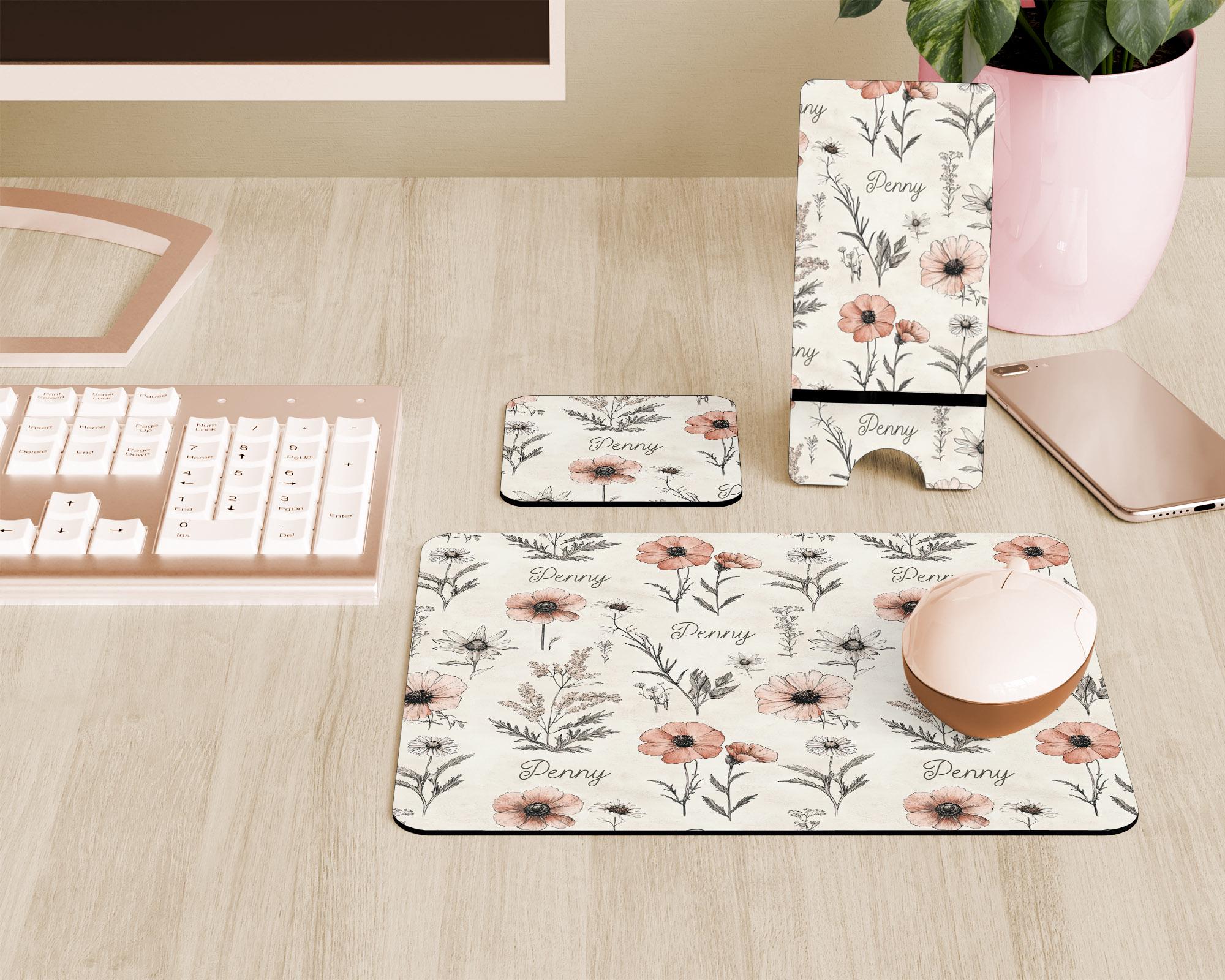 Personalized Vintage Wildflower Mousepad, Floral Desk Accessories, Wrist Desk Mat, Phone Stand, Flower Girly Name Christmas Birthday Gift - Image 2