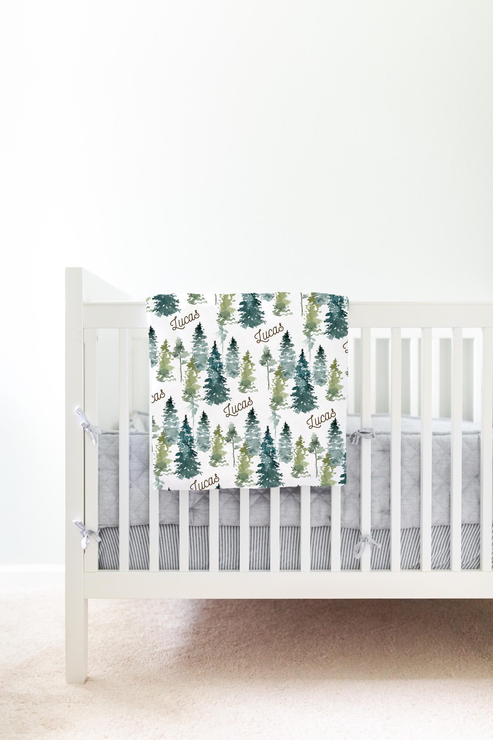 Fir Tree Personalized Blanket, Name Woodland Forest Nursery Set, Crib Sheet Changing Pad Cover, New Mom Baby Shower Gift - Image 2