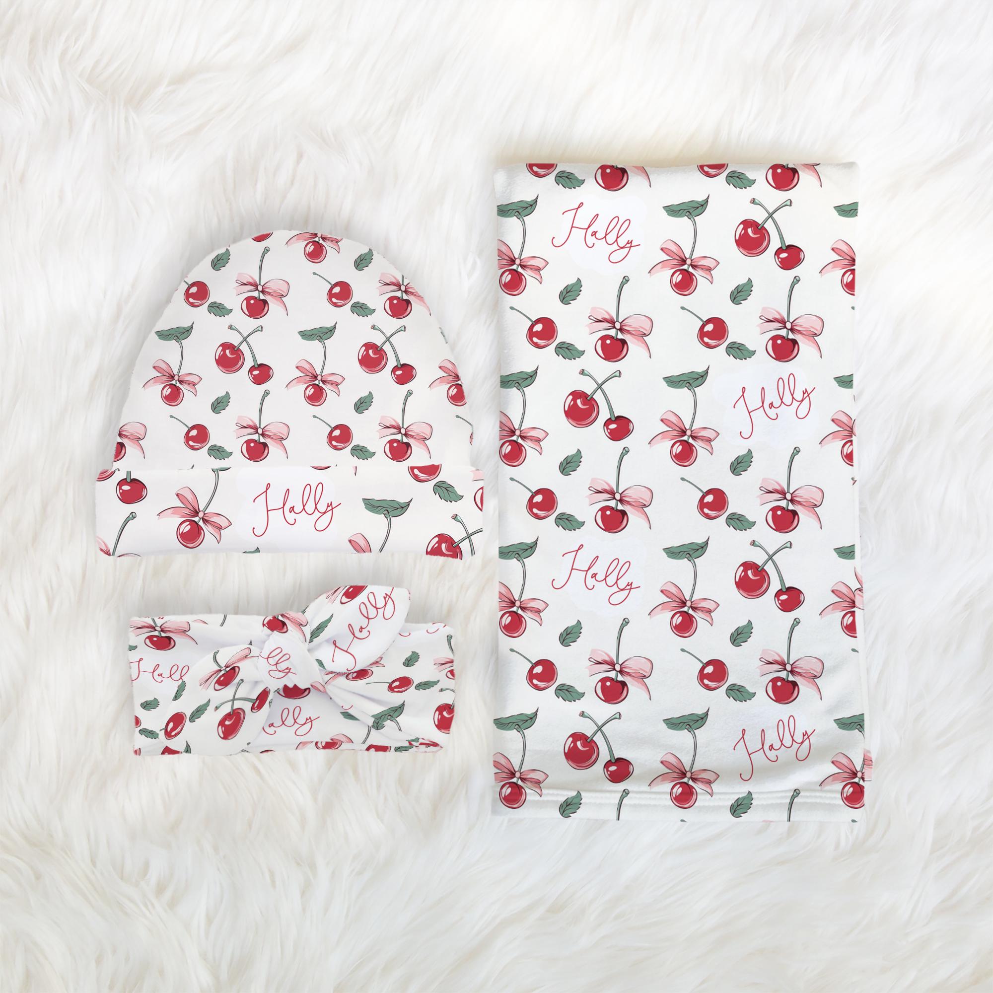 Cherry Baby Girl Name Blanket, Personalized Cherries Girly Bows, Minky Sherpa, Girl Swaddle, Custom Name Nursery Bedding, Carseat Blanket - Image 4