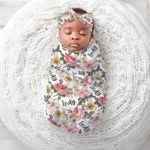 Personalized Baby Swaddle Blanket Set, Newborn Beanie Knotted Hat, Baby Shower Gift, Custom Print Name Vintage Floral, Birdie Collection
