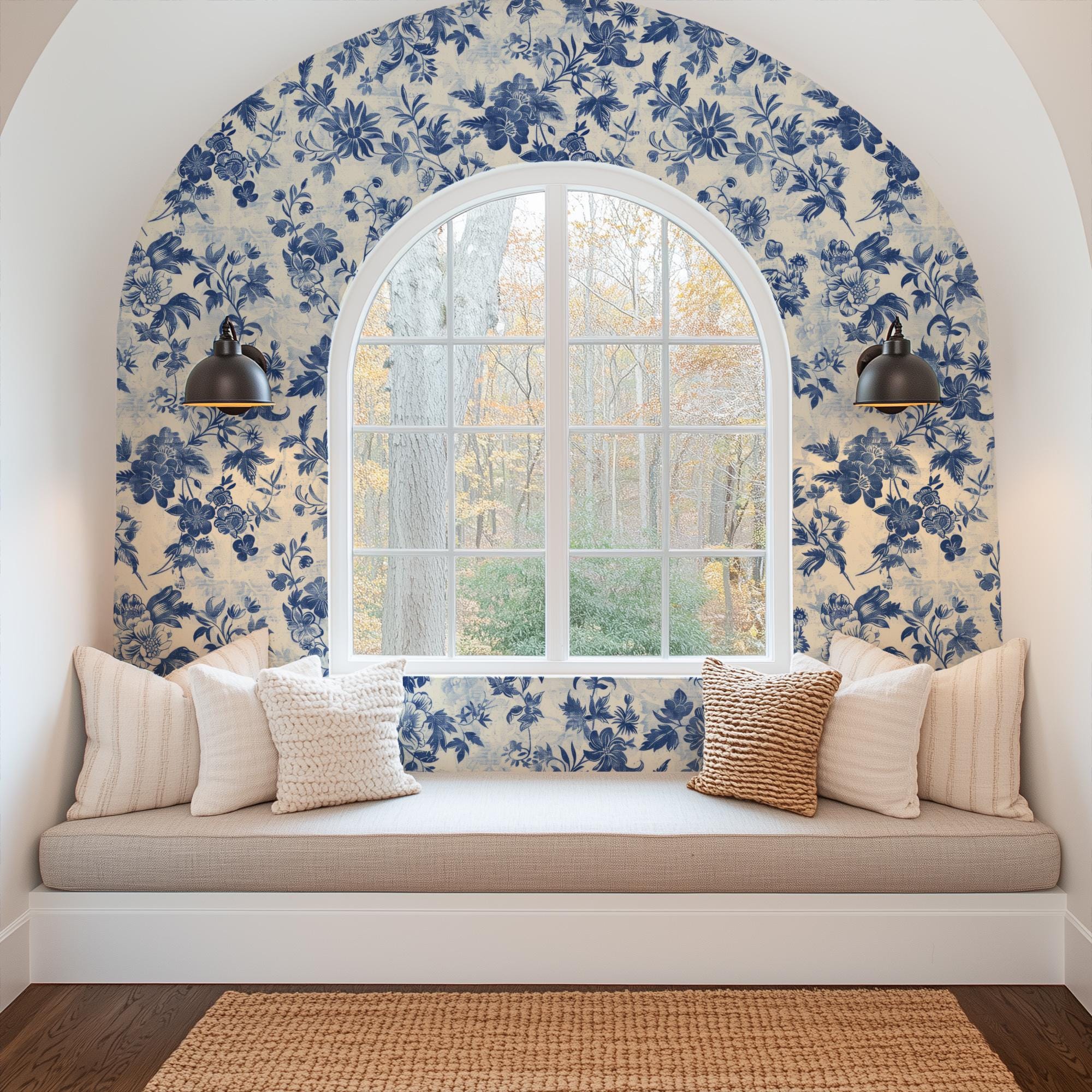 Vintage Toile Wallpaper, Peel and Stick Removable, Unpasted Traditional Option, Dainty Flower Baroque Vines, Elegant Navy Blue Toile - Image 5