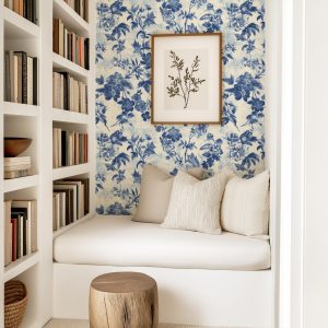 Vintage Toile Wallpaper, Peel and Stick Removable, Unpasted Traditional Option, Dainty Flower Baroque Vines, Elegant Navy Blue Toile
