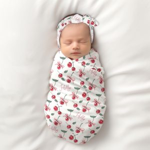 Cherry Swaddle Blanket, Personalized Cherries Girly Bows, Baby Girl Minky Sherpa Swaddle, Custom Name Nursery Bedding, Carseat Blanket