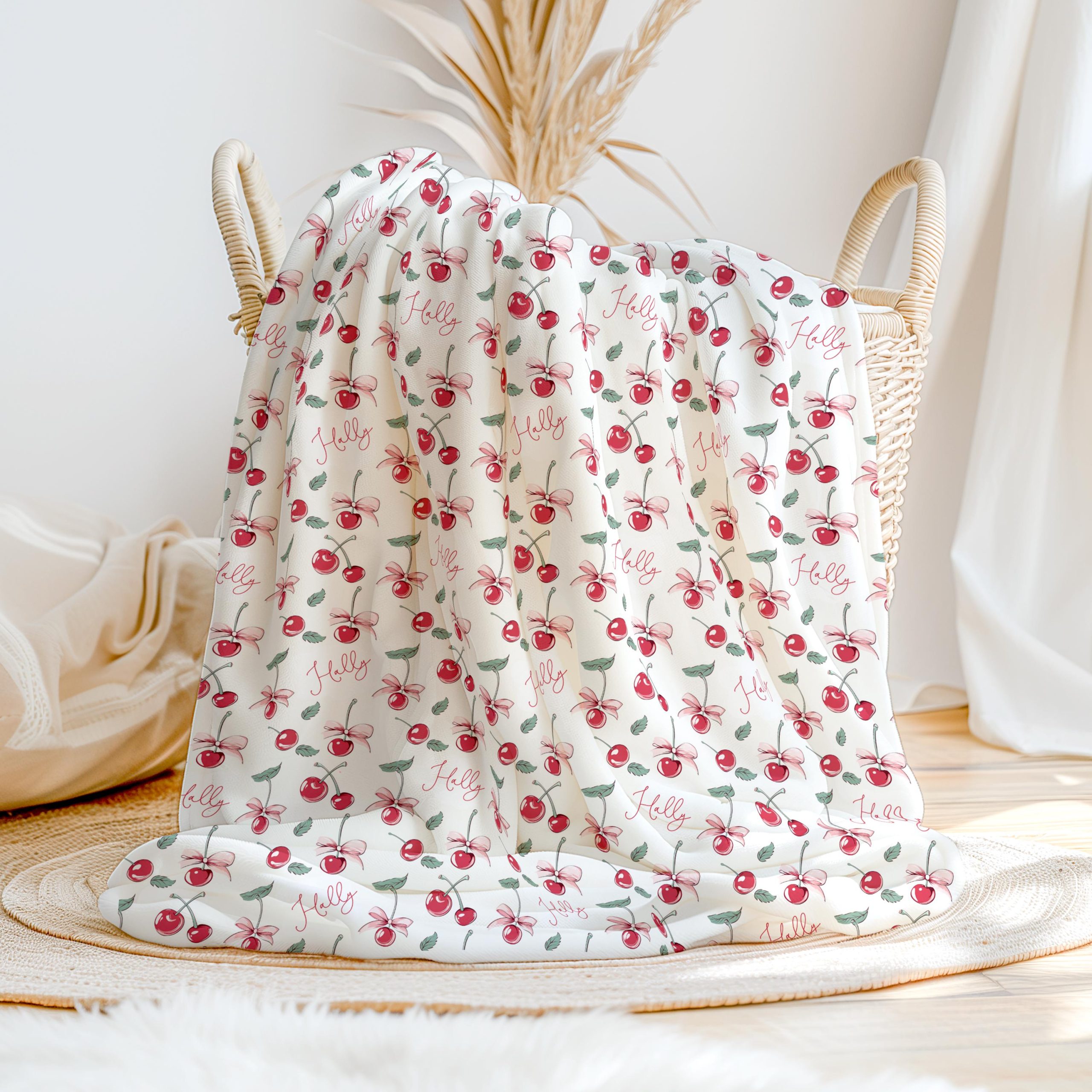 Cherry Baby Girl Name Blanket, Personalized Cherries Girly Bows, Minky Sherpa, Girl Swaddle, Custom Name Nursery Bedding, Carseat Blanket - Image 2