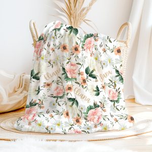 Wildflower Blanket with Name, Personalized Baby Girl, Pink Peach Flowers, Minky or Sherpa, Custom Shower Gift, Script Font, June Collection