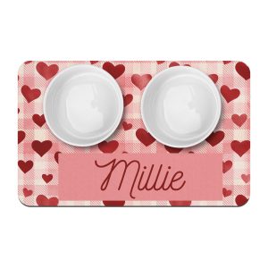 Personalized Valentine's Plaid Pet Placemat, Pink Red Flannel Look With Hearts And Pet Name, Custom Dog or Cat Bowl Mat, Puppy Supplies