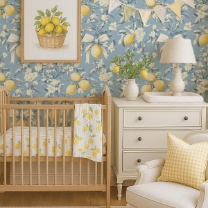 Blue Lemon Bow Wallpaper Peel and Stick, Vintage Cottagecore Wall Mural for Kitchen or Nursery, Feminine Floral Removable Decor
