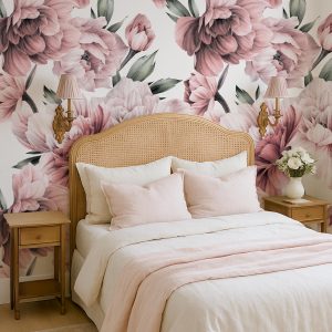 Pink Mauve Burgundy Peonies Floral Wallpaper, Large Scale Peel and Stick Removable, Romantic Vintage Wall Mural for Bedroom or Nursery