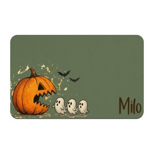 Funny Halloween Pet Placemat, Jack-O-Lantern Pacman Eating Ghosts, Personalized Custom Dog Bowl Mat, New Puppy Supplies, Fall Home Decor
