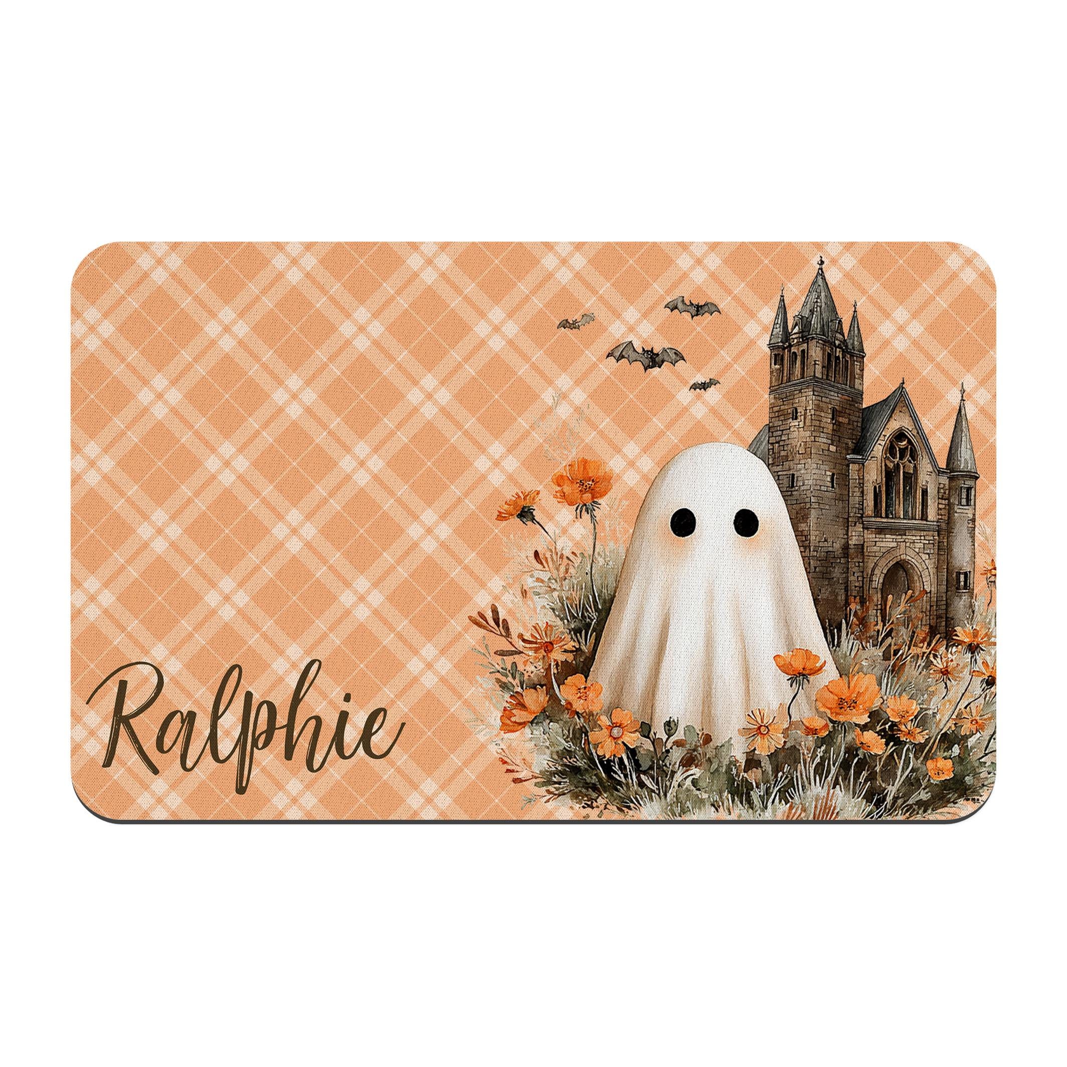 Personalized Halloween Pet Placemat, Cute Ghost with Haunted Castle, Custom Dog Bowl Mat, New Puppy Supplies, Fall Home Decor