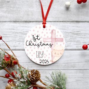 Personalized Baby Girl First Christmas Metal Ornament, Pink Cross and Lamb, 1st XMas, Holiday Tree Decoration, Christian Name Gift