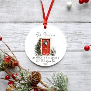 Personalized First Christmas in New Home Metal Ornament, Red Door with Snowy Greenery, Your Address, Holiday Tree Decoration Keepsake Gift