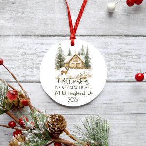 Personalized First Christmas in New Home Metal Ornament with Address and Snowy House and Deer, Holiday Tree Decoration Keepsake Gift