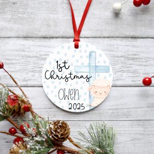 Personalized Baby Boy First Christmas Metal Ornament, Blue Cross and Lamb, 1st XMas, Holiday Tree Decoration, Christian Name Gift
